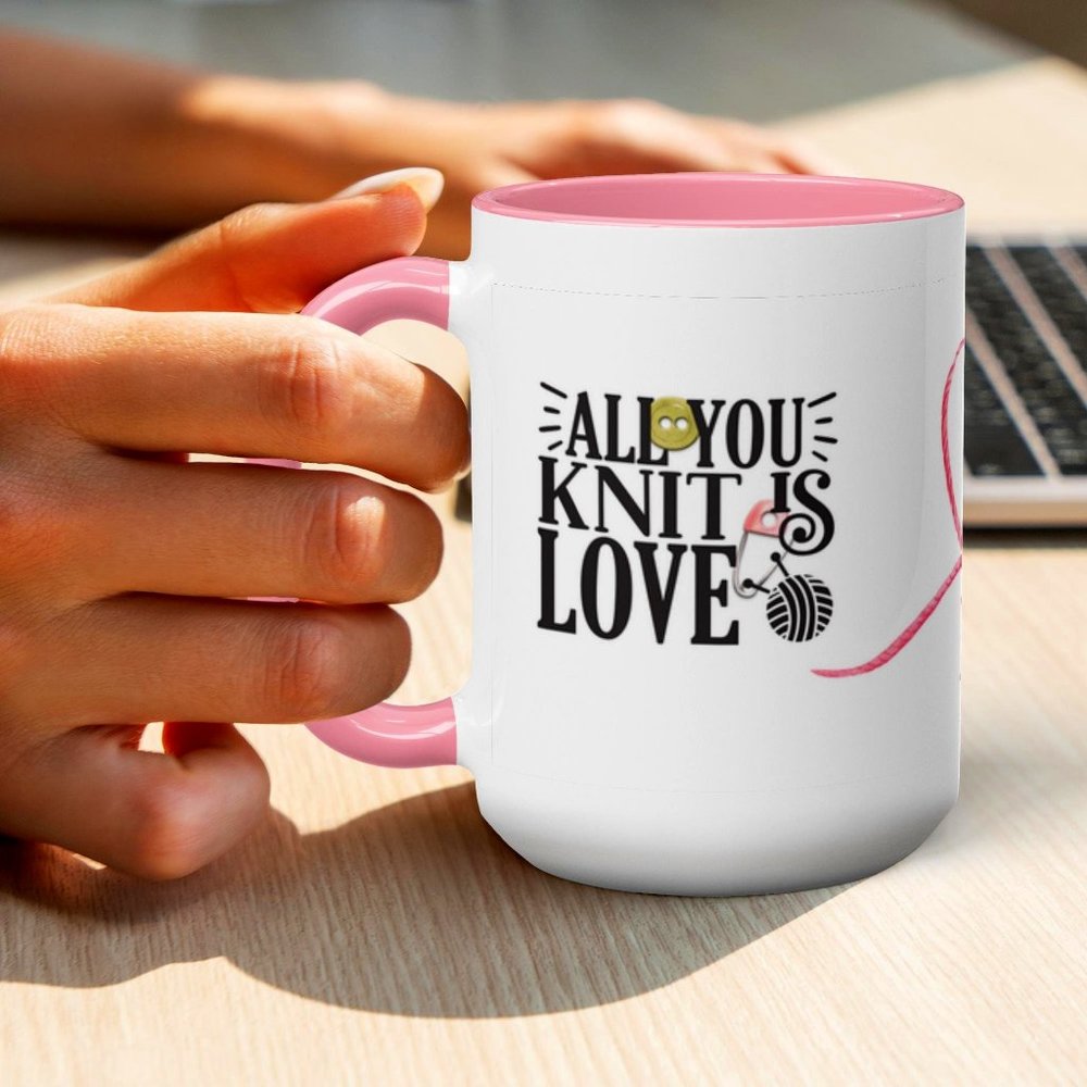 Personalized White & Pink Knit Love Mug Knitting Lovers All You Knit is Love